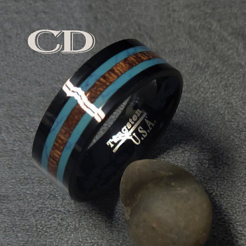Men's Real Black Tungsten Wedding Ring Turquoise and Koa Wood Inalys